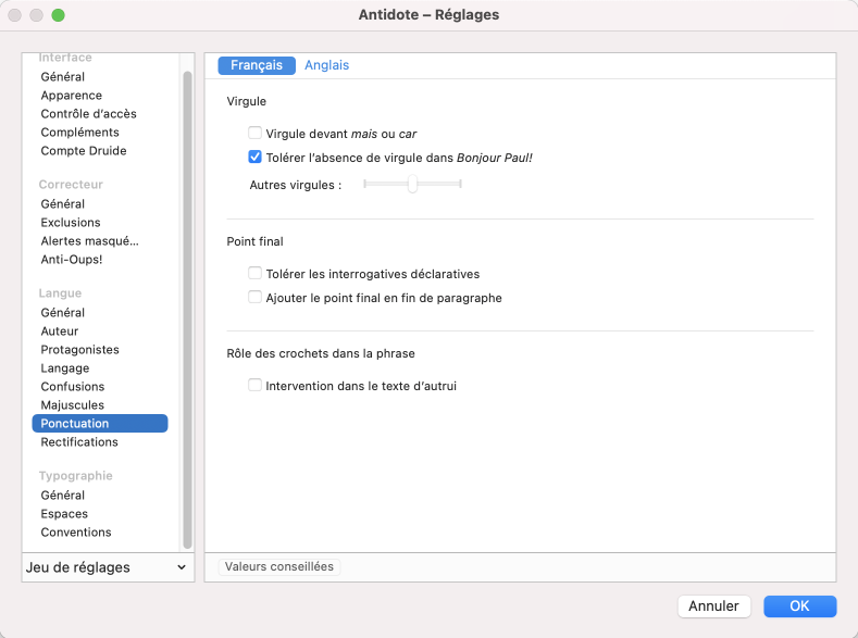 Panneau Ponctuation des réglages linguistiques