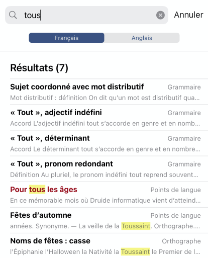 Recherche rapide dans les guides linguistiques