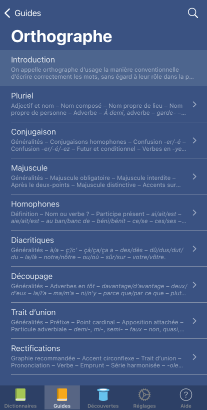 Table des matières d’un guide linguistique