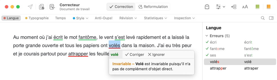 Détections expliquées une à une dans les infobulles du correcteur