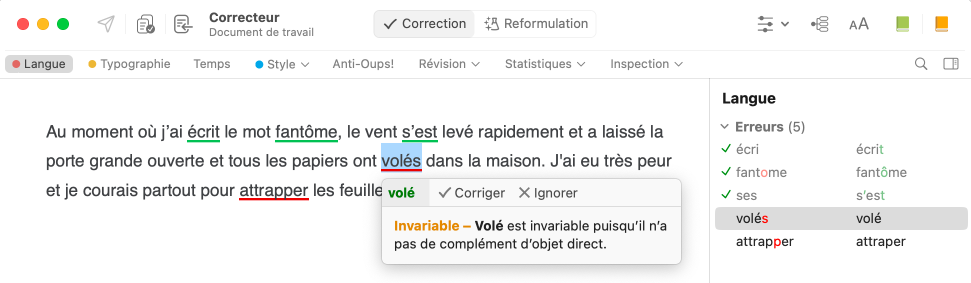 Détections expliquées une à une dans les infobulles du correcteur