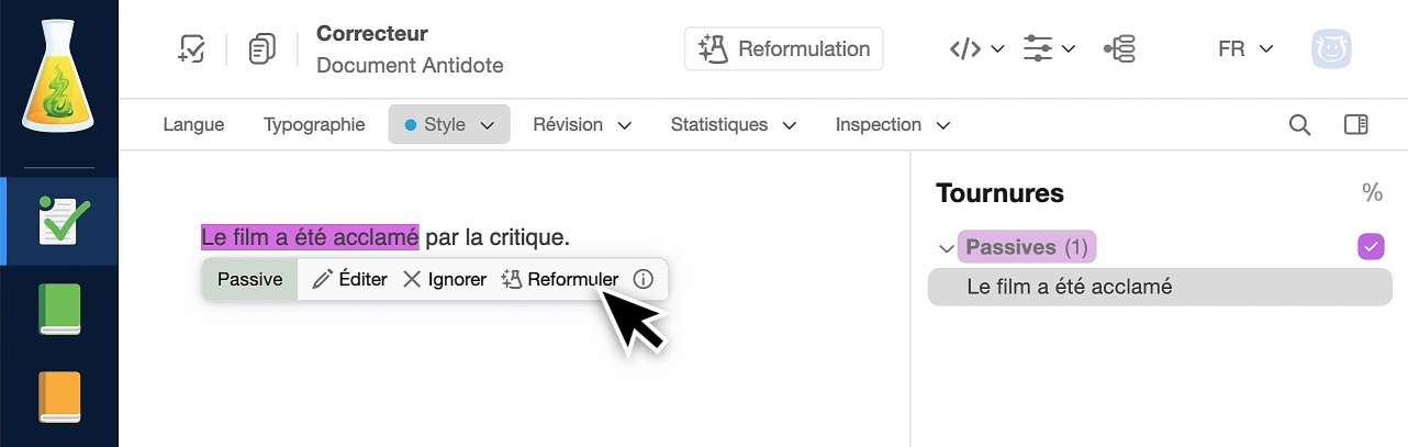 Bouton de reformulation dans l’infobulle de la détection de style