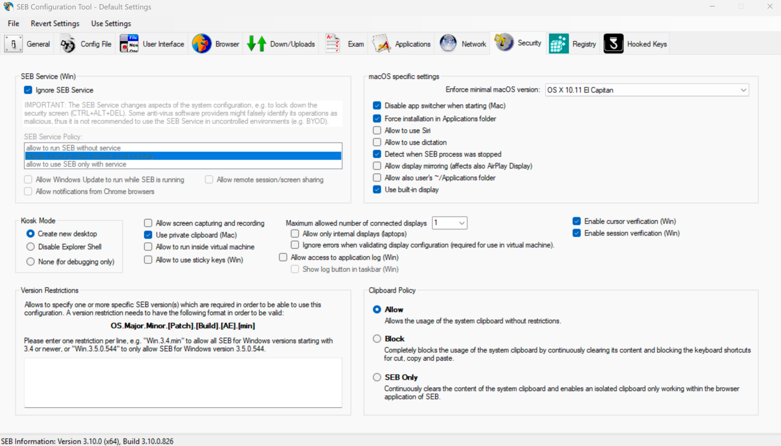 Onglet **Security** de l’outil de configuration de SEB