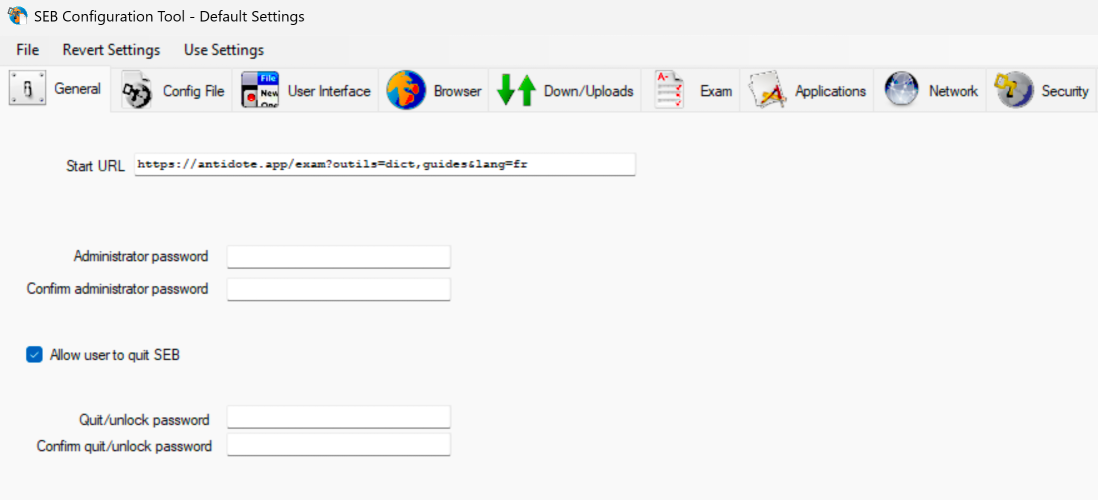 Onglet **General** de l’outil de configuration de SEB