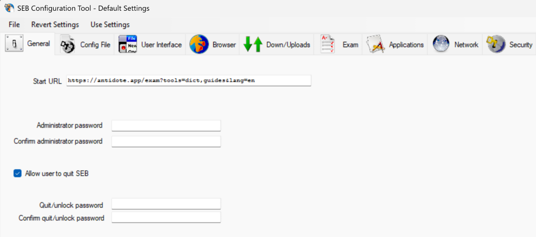 **General** tab in the SEB configuration tool