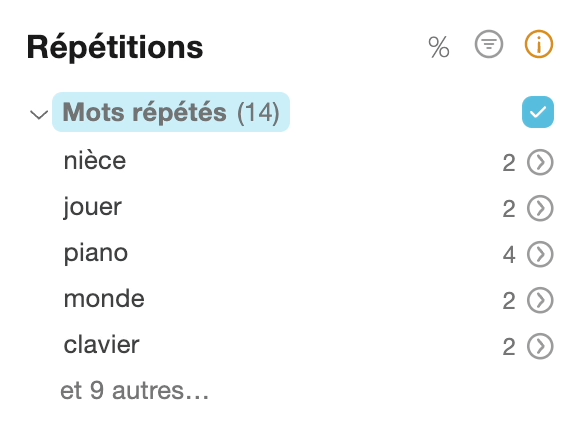 Affichage des résultats en pourcentage dans le filtre Répétitions