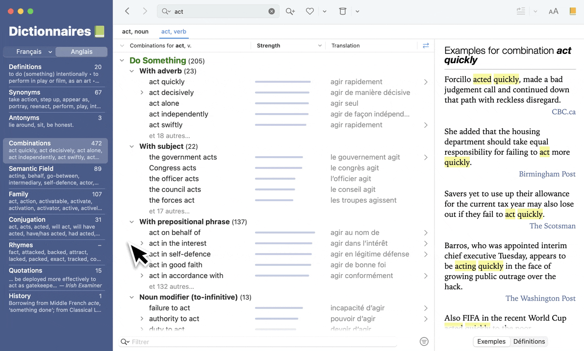 Recherche d’une préposition dans le dictionnaire de cooccurrences