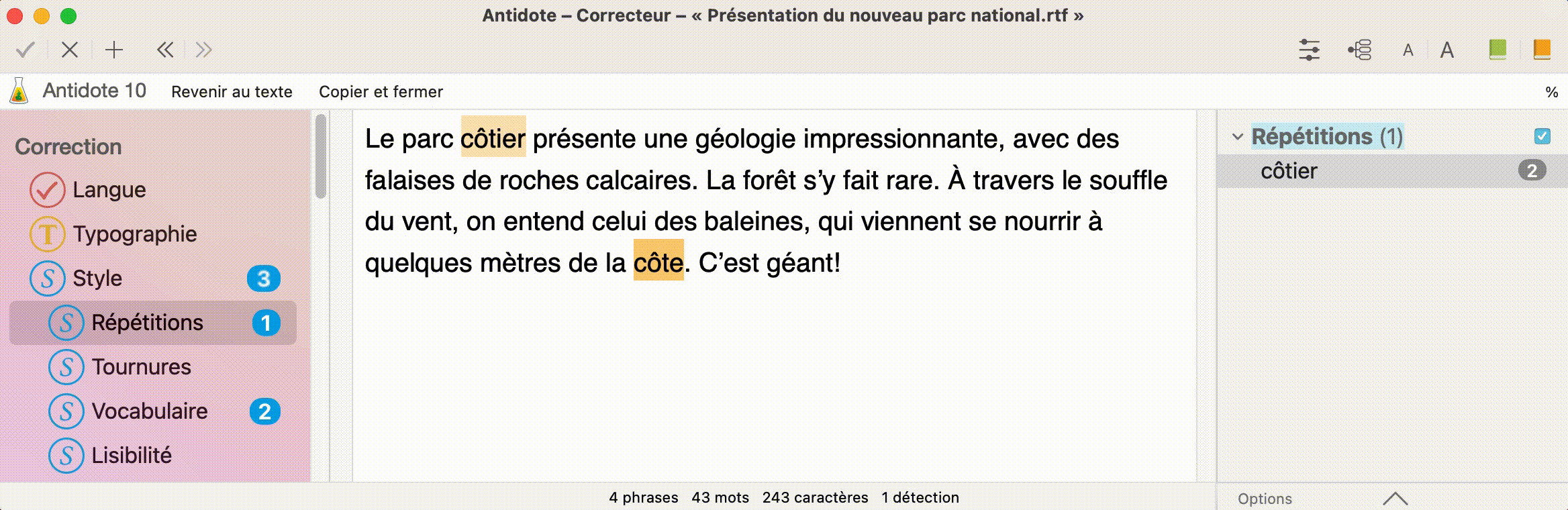 Liste de synonymes dans le correcteur